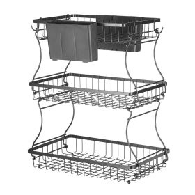 VEVOR 3 Tier Fruit Basket, Countertop Fruits Vegetable Bowl with Banana Hangers and Side Storage Basket, Metal Wire Storage Stand for Kitchen Cou