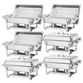 VEVOR Rectangle Chafing Dish, 9 Qt 6 Pack Stainless Steel Chafing Dish, Food Warmer Chafer Complete Set with Hollow Handle, 3 Food Tongs, Lid