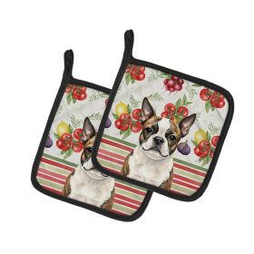 Brindle Boston Terrier Vegetables Pair of Pot Holders Pair 7.5x7.5 Quilted Insulated Hot Pads Decorative Kitchen Gift Made in USA