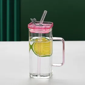 1 Pcs Pink Glass Straw Cup, 6 Colors Square Glass Cup With Straw And Lid, High Borosilicate Glass Cup, Milk Cup, Juice Cup, Cold Drink Cup (Option: pink)
